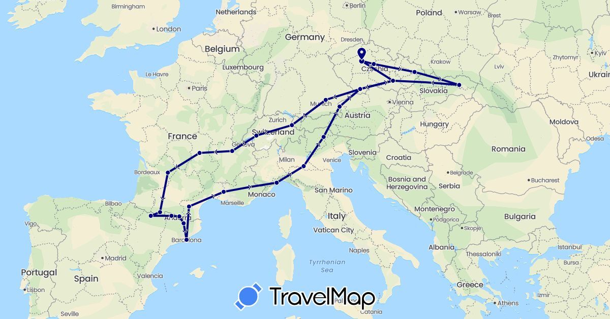 TravelMap itinerary: driving in Andorra, Austria, Switzerland, Czech Republic, Germany, Spain, France, Italy, Liechtenstein, Slovakia (Europe)